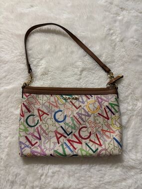 Calvin Klein Multicolor Logo Canvas Shoulder Bag with Brown Trim